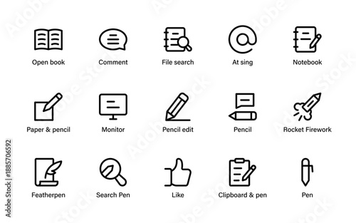 Writing productivity and publishing icons. Creative tools for blogging editing documentation planning and professional content management