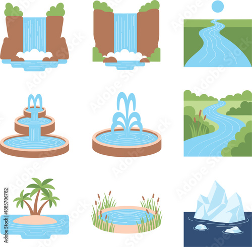 Water nature elements collection including waterfalls rivers fountains lakes and ice vector illustration set
