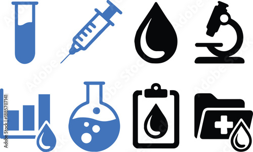 blood laboratory icons syringe microscope test tube clipboard folder
