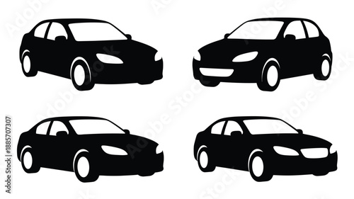 Four black car silhouettes in varying perspectives a minimalist design silhouette