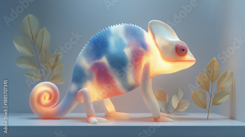 Error A Chameleon looking confused at a smoking Optical Fiber Data Tree A futuristic