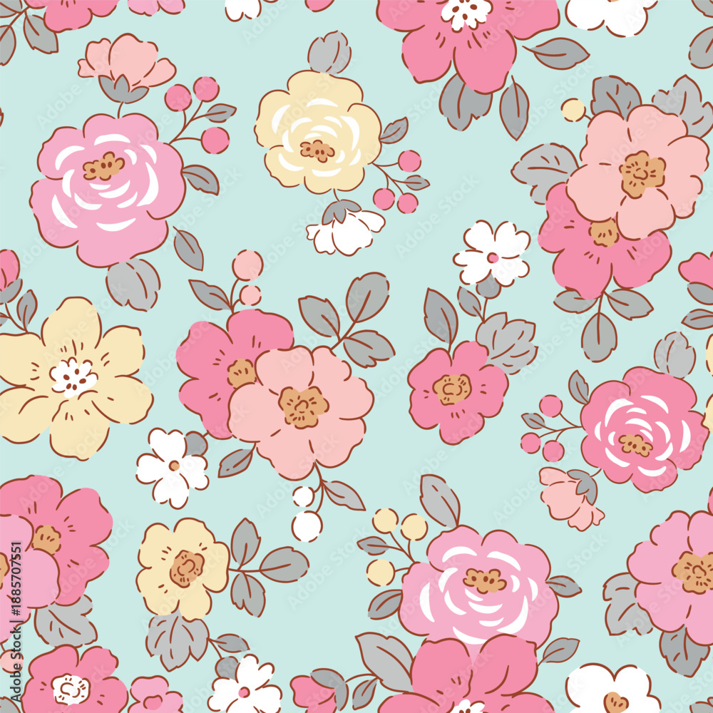Obraz premium Seamless vector pattern with romantic summer flowers. Hand drawn floral design on isolated background. Perfect for textile, wallpaper or nursery print design. 