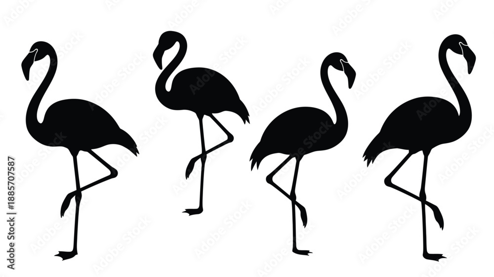 Fototapeta premium Four black flamingo silhouettes in a row minimalist design silhouette