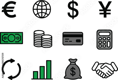 finance icons set currency symbols coins credit card calculator