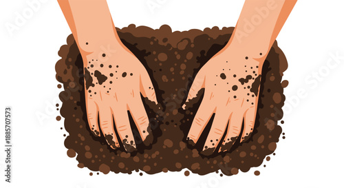 This close-up view depicts two hands actively digging into rich, dark brown soil, suggesting gardening, planting, or working with earth.
