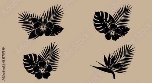 Tropical floral arrangement with palm leaves and hibiscus flowers in dark silhouette