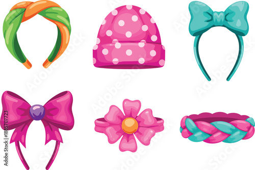 Cute hair accessories collection with headbands bows and kids winter hat vector illustration set
