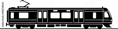 Modern Commuter Railcar Vector Icon: Sleek Black Silhouette of Urban Electric Metro Train, Subway Car, or Light Rail Transit Vehicle with Pantograph for Public Transportation Graphics and Infrastructu