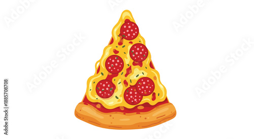 This appetizing illustration showcases a perfectly triangular slice of pepperoni pizza, generously topped with savory pepperoni and rich, melted cheese.