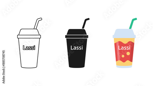 Collection of lassi drinks icons showcasing outline silhouette and colorful beverage in disposable