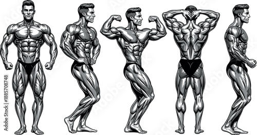 Male bodybuilding anatomy illustration set showing muscular physique poses with front, side, and back views, detailed muscle definition for fitness and training design