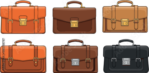 Leather briefcase bag collection set showing multiple classic business portfolio designs in different colors professional office accessory vector illustration