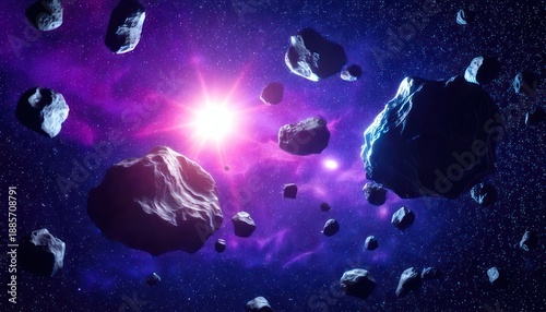 Asteroid Field in Deep Space with a Distant Sun.