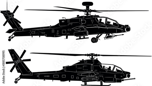 Military attack helicopter silhouette illustration with side views, modern combat rotorcraft design in black vector style for aviation and defense graphics