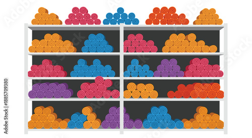 This organized image displays multiple shelves neatly stocked with numerous colorful rolled towels in various vibrant hues, suggesting a retail store or spa setting.