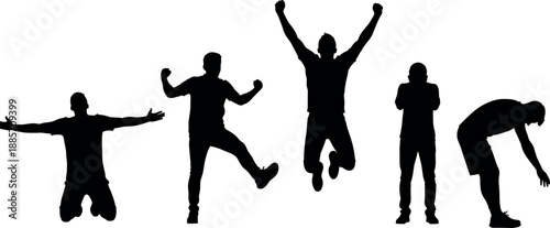 People expressing different emotions silhouettes set showing joy celebration victory disappointment and exhaustion isolated on white background human feelings concept illustration
