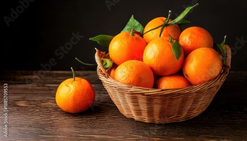 Basket of Fresh Tangerines on Wooden Table with Dark Background.