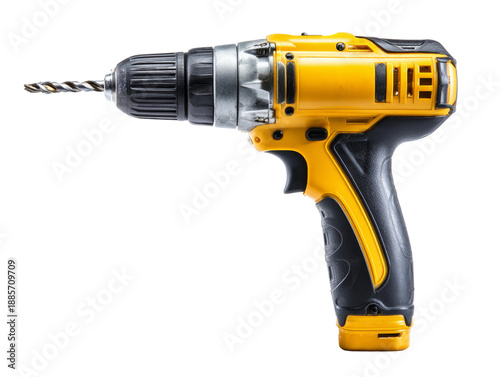 Close-up of a power drill machine with a yellow and black color scheme. It is ready for use, and captures the essence of craftsmanship and DIY projects Isolated Transparent Background, PNG