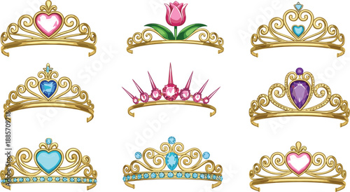 Princess crown tiara collection with hearts gems and fantasy royal jewelry vector illustration set