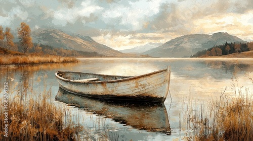 Rustic Wooden Boat Floating on Calm Mountain Lake in Autumn Landscape