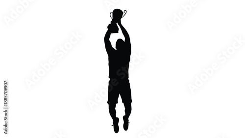 A silhouette of a man jumping up holding a trophy cup with victory and success on white background
