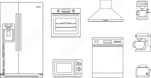 A clean and modern depiction of essential kitchen appliances arranged to present a sense of functionality and design.