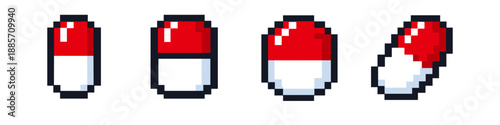 Pixel art red and white capsule pills in different orientations on white background
