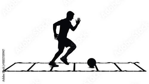 Man running agility ladder with ball with fitness and training and athlete on white background