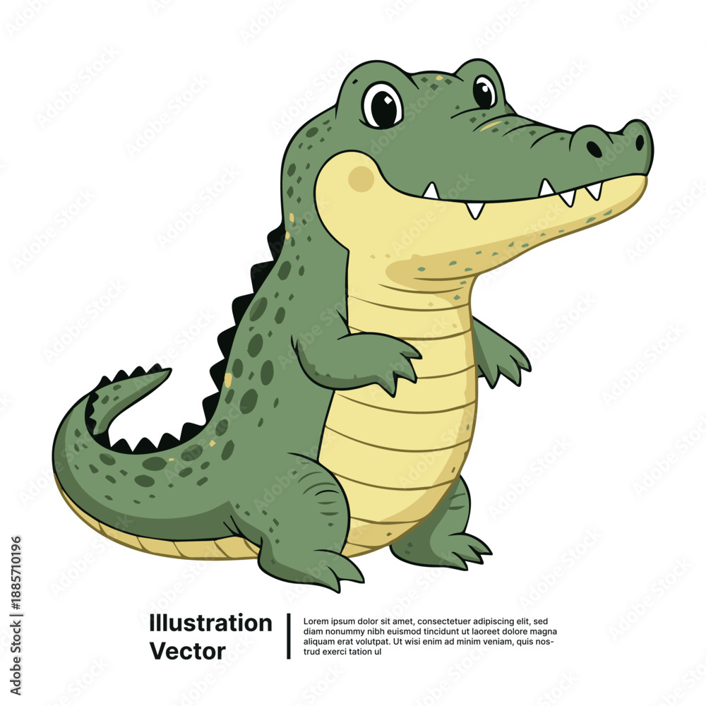 Fototapeta premium Cartoon green crocodile illustration standing on ground viewed from the side in a vector graphic style