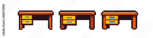 Pixel art wooden desks with drawers for retro game design and digital art projects