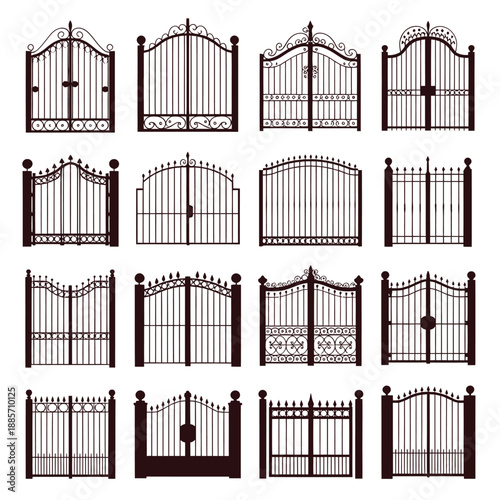 Collection of ornate wrought iron gates in various architectural designs
