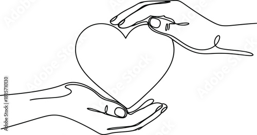 Continuous line drawing of two hands holding a heart for valentines day wedding engagement romantic minimalist illustration and elegant card design