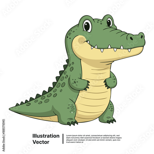 Cartoon green alligator illustration standing on hind legs against a plain background viewed from the side