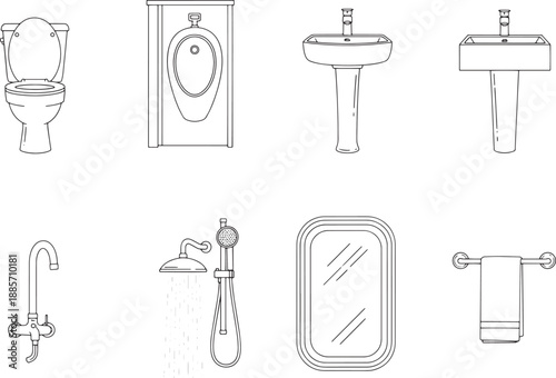 Clean, line-drawn illustrations showcasing the essential elements of a bathroom, offering a contemporary and minimalist visual style.