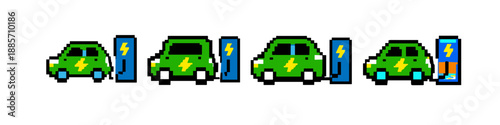 Pixel art electric cars charging at stations in a sequence, representing progress