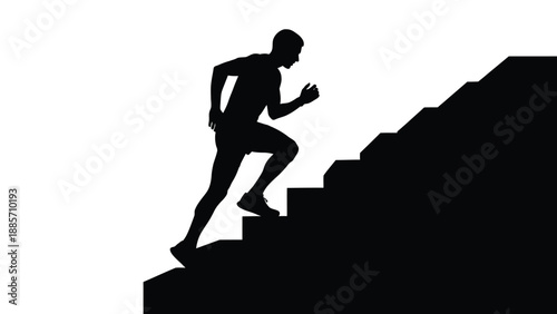 Silhouette of a man running up a staircase with fitness motivation and athletics on white background