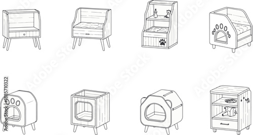 Collection of dog house and pet furniture in an artistic drawing, showcasing various designs and styles. This collection captures the essence of comfort and elegance for furry companions. 