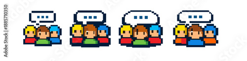 Pixel art group of people with speech bubbles indicating communication and discussion