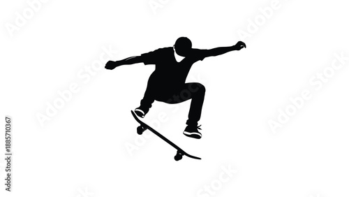 A silhouette of a person skateboarding in mid air with skateboarder and trick on white background