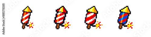 Pixel art fireworks rockets with fuses ready to ignite for celebrations