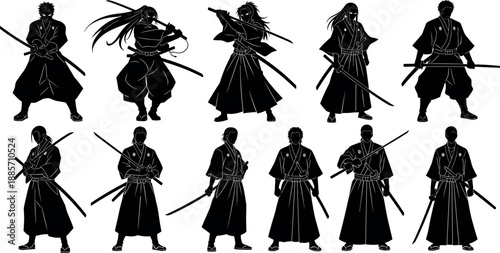 Samurai warrior silhouettes set showing traditional Japanese swordsmen in dynamic combat stances with katana isolated on white background martial arts illustration