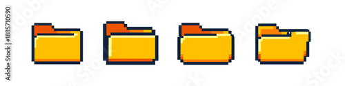 Set of four pixel art yellow folders with orange tabs on a white background