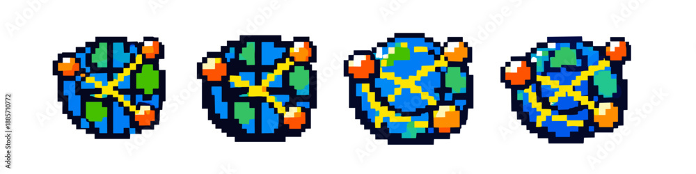 Fototapeta premium Pixel art globe with yellow lines and orange spheres, representing network connections
