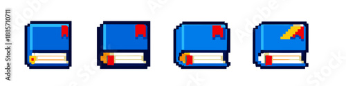 Collection of pixel art books with red bookmarks and different cover designs