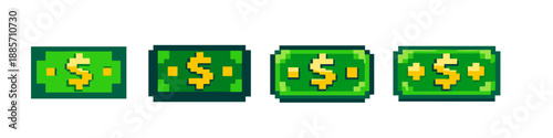 Pixel art dollar bills in a row, representing digital currency and online transactions