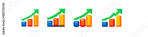 Pixelated bar chart with green arrow indicating upward trend and growth