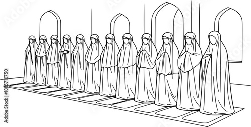 Muslim women in mukena standing in a row for Salah prayer congregation at mosque, line art vector illustration for Ramadan, Eid, and Islamic education