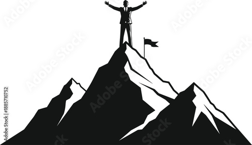 Businessman Standing on Mountain Summit with Victory Pose and Flag Symbolizing Career Success, Leadership, and Personal Achievement