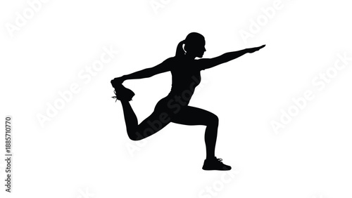 Silhouette of a woman in a dynamic yoga pose stretching her leg with exercise on white background