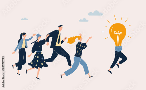 Flat illustration of a group of people running after a moving light bulb symbolizing an idea, goal, or inspiration. Concept of ambition, motivation, success, innovation, teamwork, creativity, l